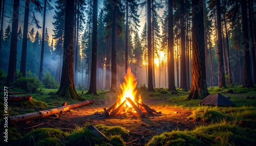 A vibrant bonfire blazes brightly in a lush forest at sunset, casting warm hues across the tranquil scene.