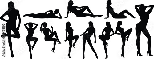 Silhouettes of stylish women in fashion poses, sitting, standing, lying, confident female figures, modern modeling art, flat vector illustration  