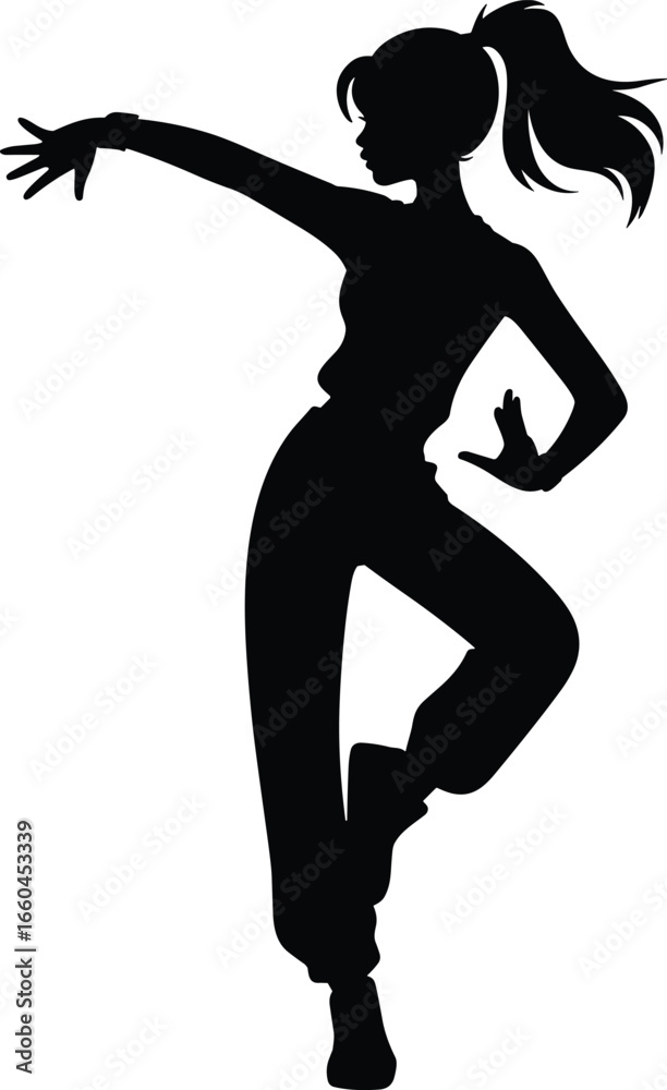 Naklejka premium Silhouette of a stylish female dancer in dynamic pose, modern dance girl vector, performing movement, black art figure, flat vector illustration