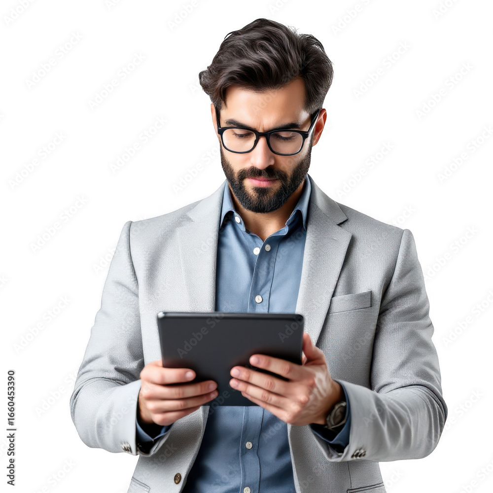 Focused professional man wearing glasses and blazer engaged with digital tablet technology isolated on transparent background Focused professional man wearing glasses and blazer engaged with digital tablet technology isolated on transparent background