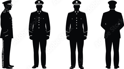 Military officer silhouette set, formal uniform vector, standing army personnel, black graphic icons, front side back views collection