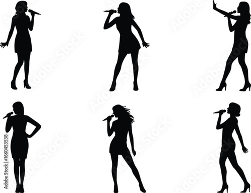 Female singer silhouettes with microphone, performing various poses, artistic music vector, stage performance concept, flat vector illustration