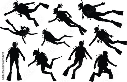 Scuba diver silhouettes underwater exploration, professional diving poses, snorkel gear vector, ocean sport illustration, flat vector illustration, design 