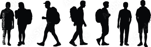 Backpacker silhouettes, hiking people walking, male female travelers, outdoor trek vector art, backpack tourism, flat vector illustration, black design