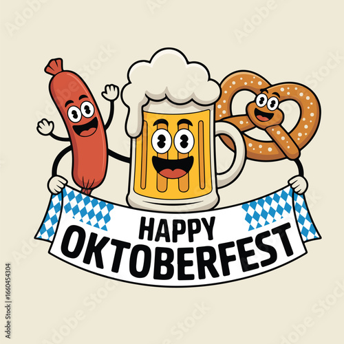 Cartoon oktoberfest with beer sausage and pretzel holding banner happy social media poster design