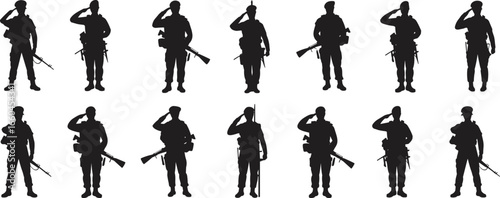saluting with rifle, military standing pose, armed force vector illustration, army personnel flat graphic, patriotic gesture