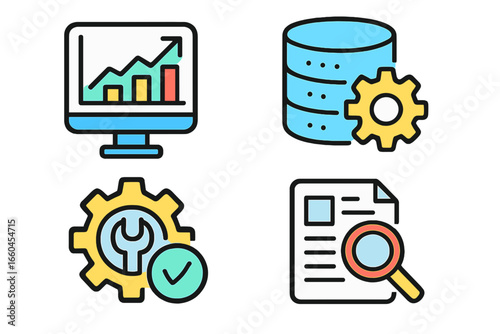 Digital icons illustrating data analysis and management tools operational data icons