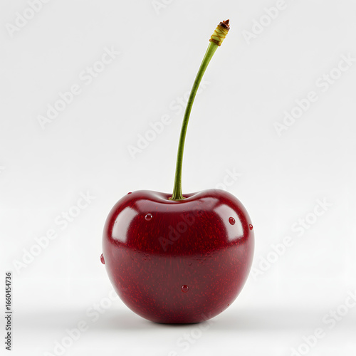 A single ripe cherry with a long green stem, isolated against a white background.