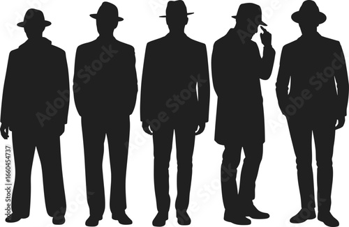 Silhouettes of five men in hats, standing poses, noir mystery theme, vintage fashion, shadow figures, stylish concept, white background illustration.