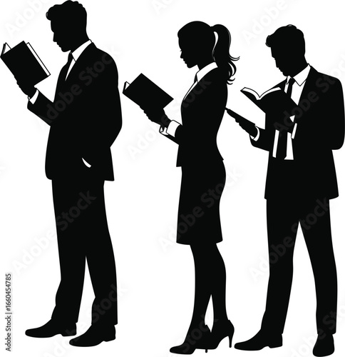 Business people reading books, silhouette of professionals learning, education concept, formal clothing, standing pose, flat design vector illustration