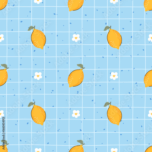 Seamless vector pattern of lemons and flowers on a checkered background. Bright, fresh and summery design ideal for textiles, packaging, kitchen decor and seasonal projects