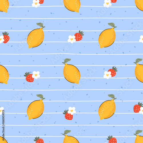 Seamless vector pattern of lemons and flowers on a checkered background. Bright, fresh and summery design ideal for textiles, packaging, kitchen decor and seasonal projects