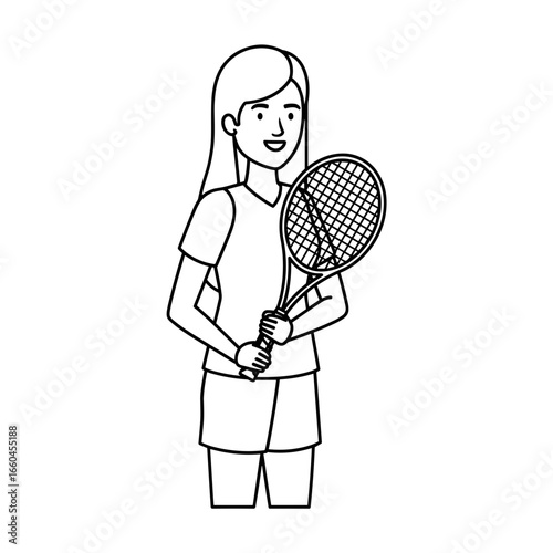 Young woman holding tennis racket and smiling in athletic attire  