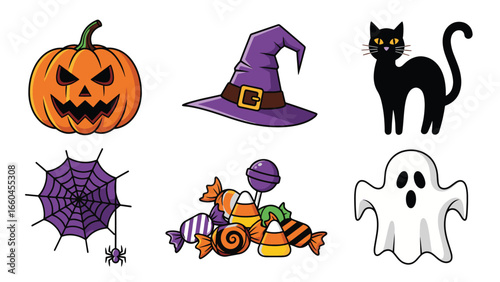 A collection of classic Halloween icons including a carved pumpkin, witch's hat, black cat, spiderweb with a spider, pile of assorted candies, and a friendly ghost.