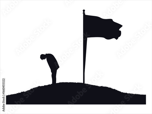 Person bowing before a waving flag pole