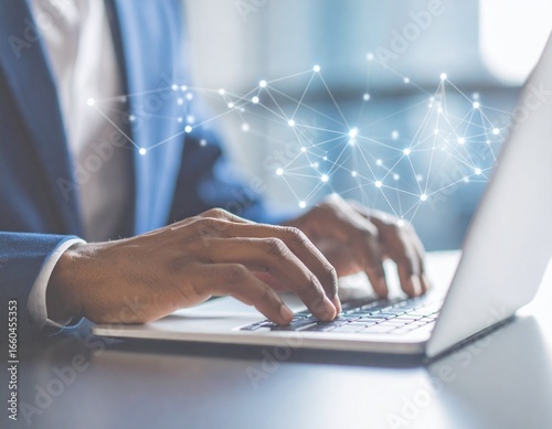 Artificial intelligence concept with glowing neural network connections overlaying a businessman working on laptop.