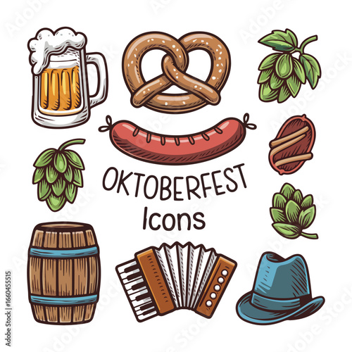 Oktoberfest themed icons featuring beer pretzel sausage and more items