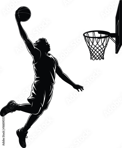 Basketball player slam dunk silhouette, flying jump with ball in action, isolated black vector illustration, sports concept on white background