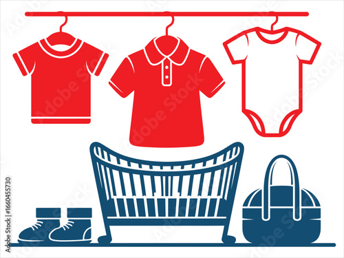 Red shirts blue crib blue bag blue shoes clothing baby