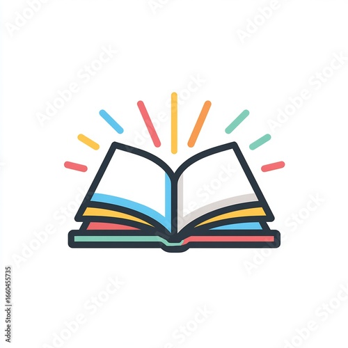 Illustration of an open book with colorful pages and radiating light beams on a white background