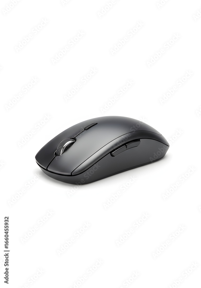 A sleek, dark gray wireless computer mouse is displayed against a plain white background. A sleek, dark gray wireless computer mouse is displayed against a plain white background.