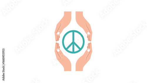 Two cupped hands gently surrounding and protecting a teal-colored peace symbol against a white background, symbolizing care and preservation of peace.