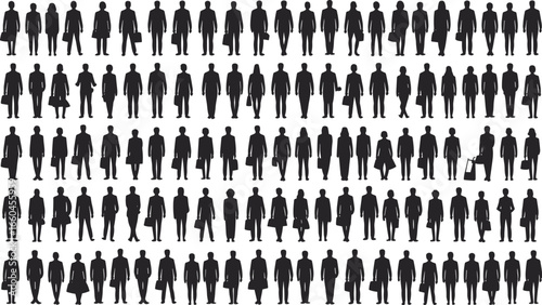 Large group of business people silhouettes walking, carrying briefcases, professional attire, office workers, corporate team, business commute, flat vector illustration 