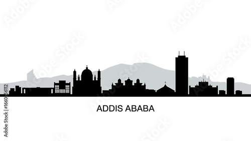 Addis Ababa City Skyline Silhouette Minimalist Vector Art Illustration with Mountains and Clear Sky in the Background Travel Destination