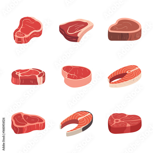 Assortment of Fresh Meat Cuts and Salmon Illustration for Culinary Themes and Food Related Projects