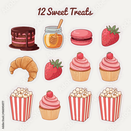 Twelve Sweet Treats Illustration with Cake Honey Macaron Strawberry Croissant Cupcakes and Popcorn for Dessert Lovers