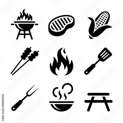 Barbecue and grilling elements collection in a minimal black glyph style featuring icons like grill steak corn on the cob skewer and picnic table