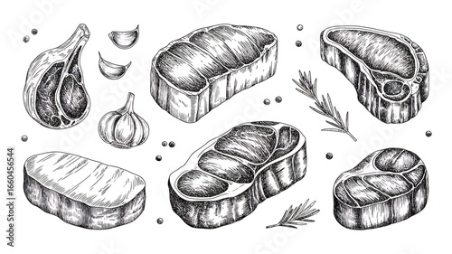 Hand Drawn Steak Illustration with Garlic and Rosemary Black and White Food Art Fresh Meat Cuts BBQ Elements for Culinary Design