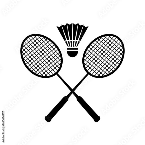 Badminton Rackets and Shuttlecock in Black and White Sporting Equipment Illustration Minimalist Design for Print and Web