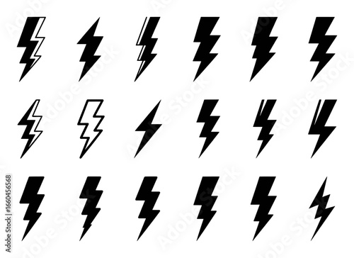 Collection of Black Lightning Bolt Icons on White Background