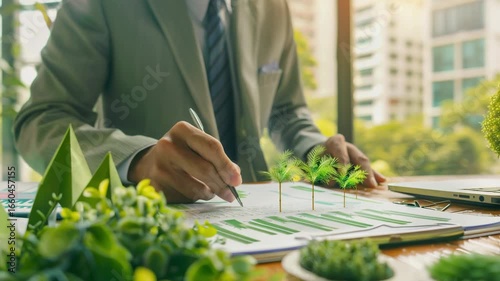 Businessman planning on environmental protection initiative for clean and sustainable future ecology, Generative AI Videos.