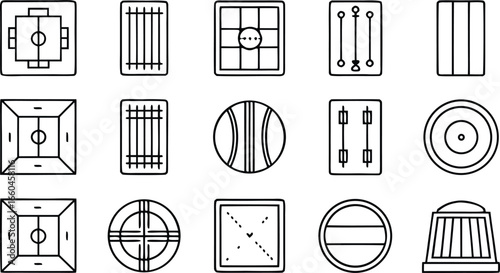 Collection of sport fields and equipment icons for graphic design and web design, simple linear vector illustration