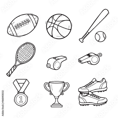 Line drawing of various sports equipment on a white background view
