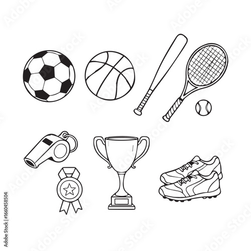 Various sports equipment and awards are arranged on a white backdrop