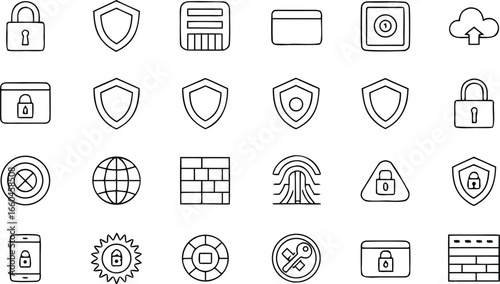 Collection of handdrawn security and protection icons, representing cybersecurity, data privacy, and network safety measures
