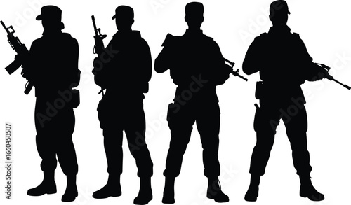 Silhouettes of armed soldiers standing with rifles, military personnel, combat gear, tactical equipment, army team, defense force, soldier silhouettes, flat 