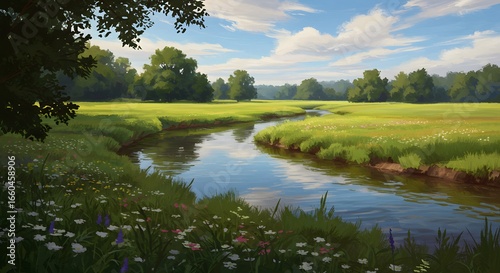 Tranquil Countryside Stream Winding Through Lush Green Fields on a Sunny Day