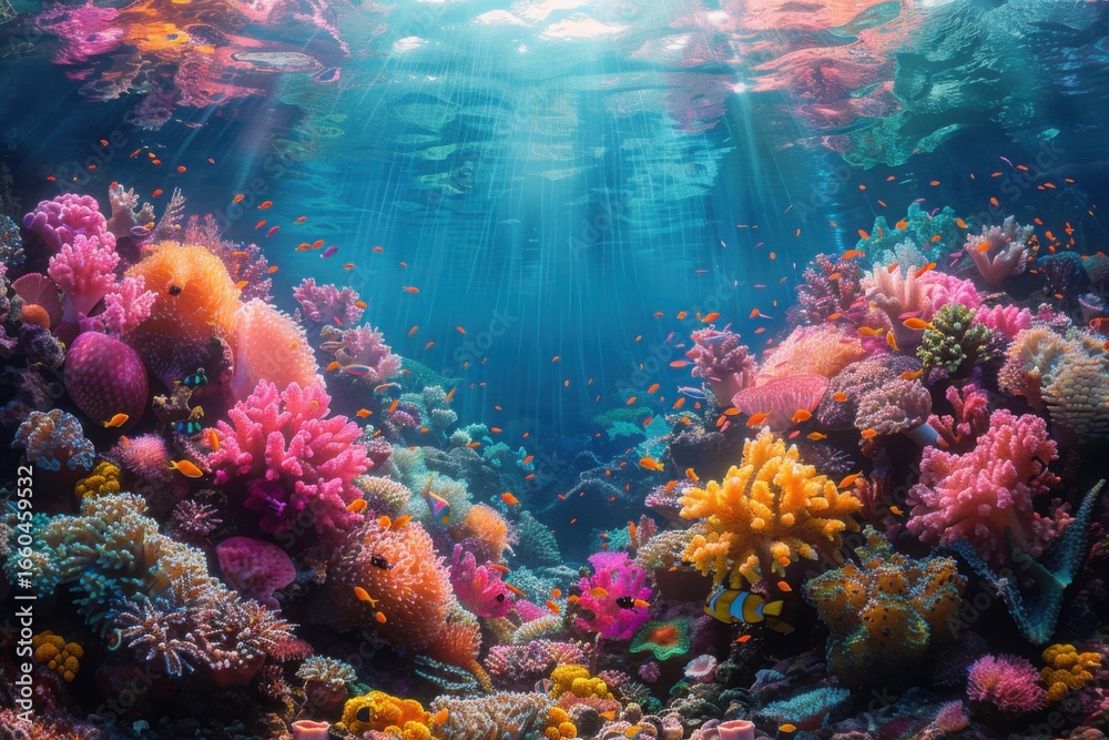 Naklejka premium Vibrant coral reef with fish swimming in ocean waterscape 