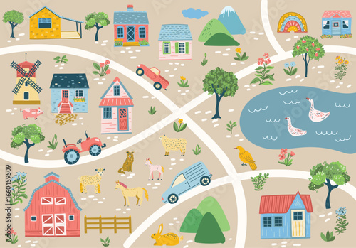 Life at the Farm Custom Map Creator – Vector Clipart Set with Houses, Animals, Nature, Tractors, Backgrounds