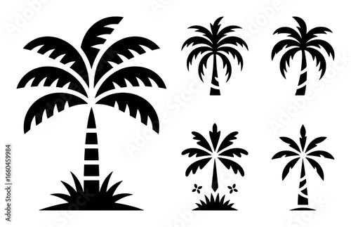 Collection of Black Silhouette Palm Tree Icons on White Background