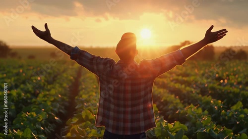 A farmer portrayed by backs with open arms showing gratitude, in front a vast soy crop going towards the horizon, the sun is going down, Generative AI Videos.
