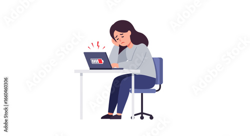 Woman at desk with laptop showing low battery alert in flat design