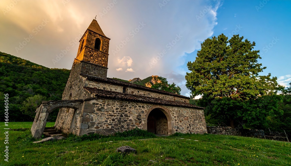 Fototapeta premium A weathered stone church stands amidst a verdant landscape, bathed in the warm light of a serene golden hour.