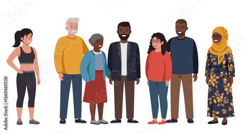 Diverse group of people in casual outfits and different ages in flat style