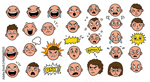 Diverse cartoon faces with various emotions in comic style