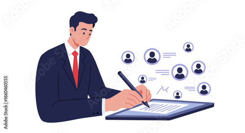 Businessman signing document on tablet amid digital networking icons in modern flat design